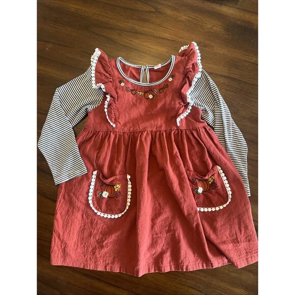 Girls Fall Dress Embroidered Faux Jumper Rust + Bl & Wh Sleeve, Cute Fit 4/5 - Picture 1 of 12